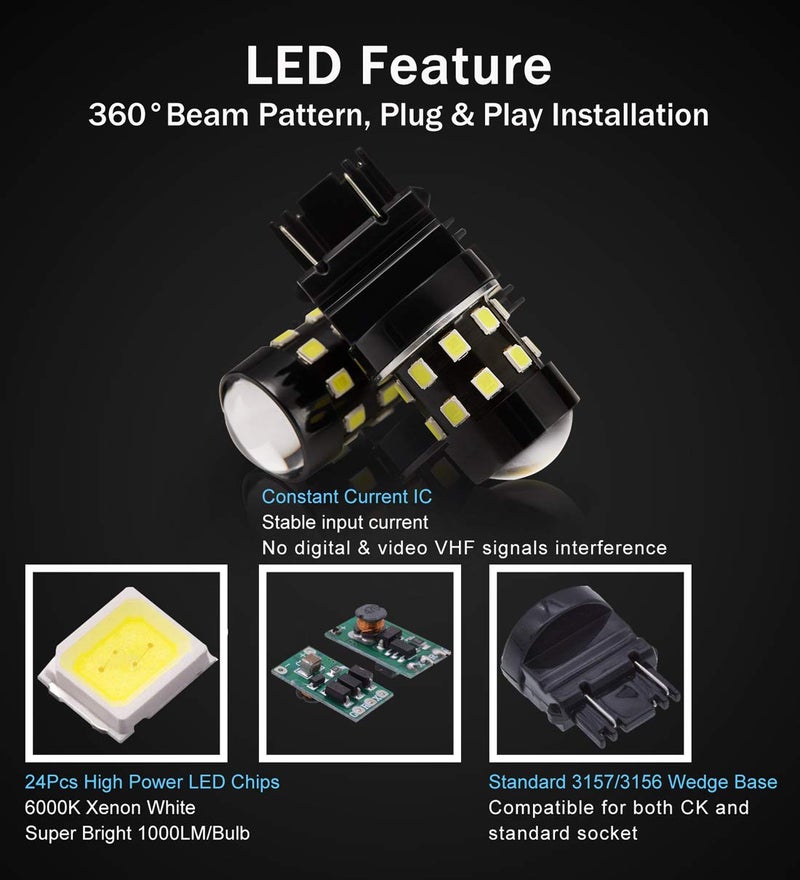 BRISHINE 4-Pack Super Bright 3157 3156 3057 3056 3157K LED Bulbs 6000K Xenon White 24-SMD LED Chipsets with Projector for Backup Reverse Lights, Parking Lights, Daytime Running Lights - Image 3